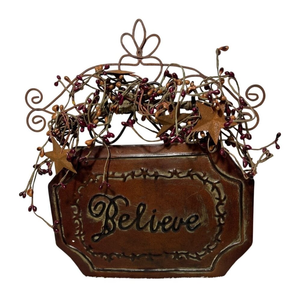 Believe Wall Hanging Plaque Rustic Metal Tin With Star Accents & Berry Garland